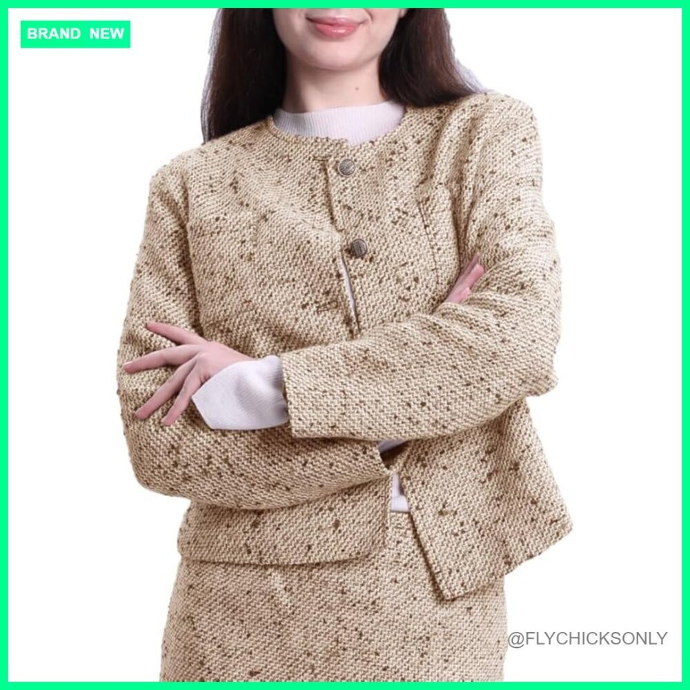 Wool Cropped Tweed Jacket Blazer Button-up Slim Fit with Pockets